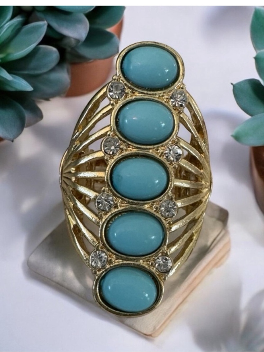 Vintage Gold Tone Five-Stone Turquoise Cabochon Statement Ring